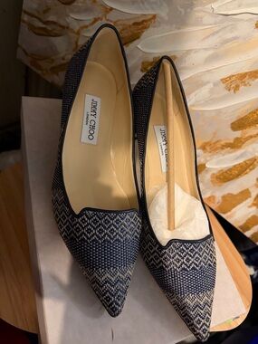 Jimmy Choo Navy and Cream Patterned Pointed-Toe Flats